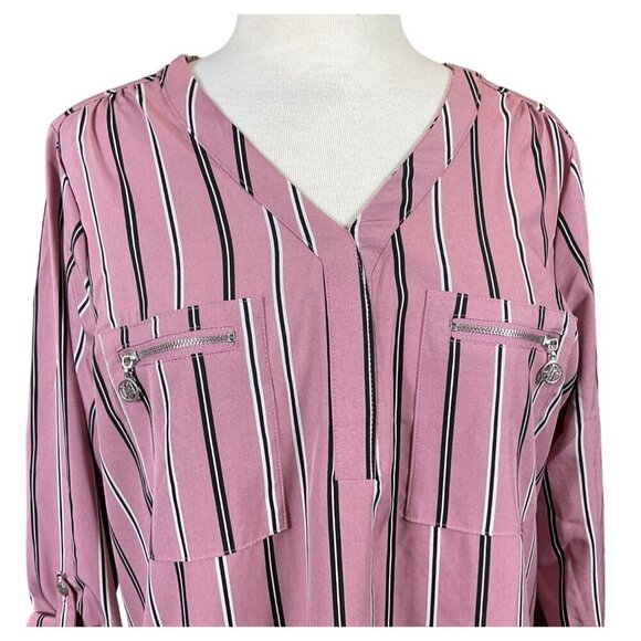 Adrienne Vittadini 3/4 Tab Sleeve V-Neck Pink Striped Pullover Zip Pockets LG - Picture 2 of 10